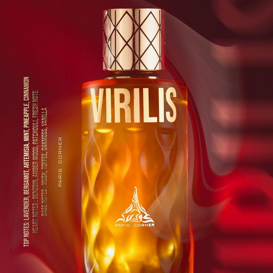 The "Virilis 100ml EDP - Paris Corner" from Paris Corner features a bottle adorned with a golden cap and vibrant amber liquid. The label highlights notes of lavender, bergamot, and cinnamon, subtly enhanced by vanilla. It is set against a rich red background with a striking flame design at the base.