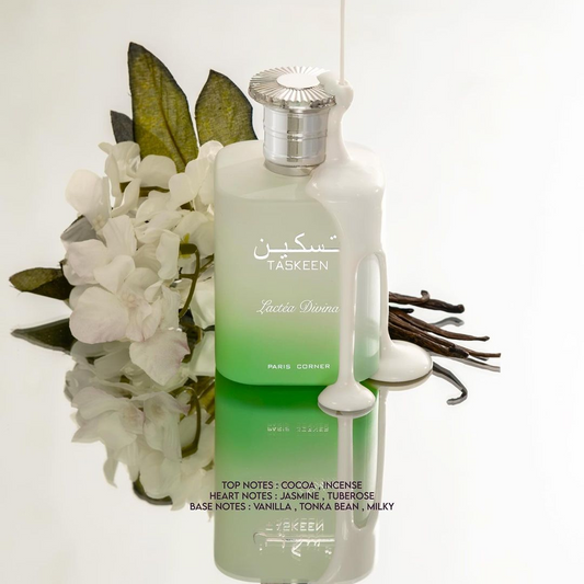 A perfume bottle labeled "Taskeen Lactéa Divina 100ml EDP - Paris Corner" rests on a reflective surface, surrounded by white flowers, vanilla pods, and leaves. The elegantly designed bottle features a green and white gradient. Text on the image highlights the fragrance notes of this luxurious creation by Paris Corner and its floral symphony.