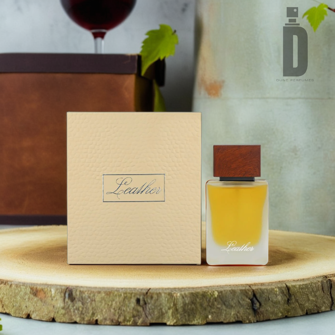 A perfume bottle labeled "Leather 50ml EDP - Ahmed Al Maghribi" with a rustic wooden cap sits next to its textured beige box bearing the same name. It rests on a wooden slab, accompanied by a brown case and a wine glass partially visible in the background. A green leaf lies nearby, enhancing the Ahmed Al Maghribi Eau de Parfum's natural elegance.