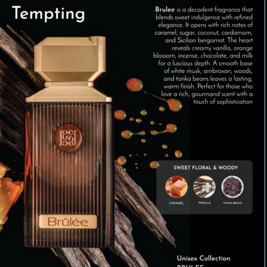 A perfume bottle labeled "Brulee 100ml EDP - Ahmed Al Maghribi" featuring a gold cap is set against a black background. The text details the fragrance, highlighting notes of caramel, coconut, vanilla, amber, and additional elements. Accompanying icons emphasize its sweet floral and woody scent profile.