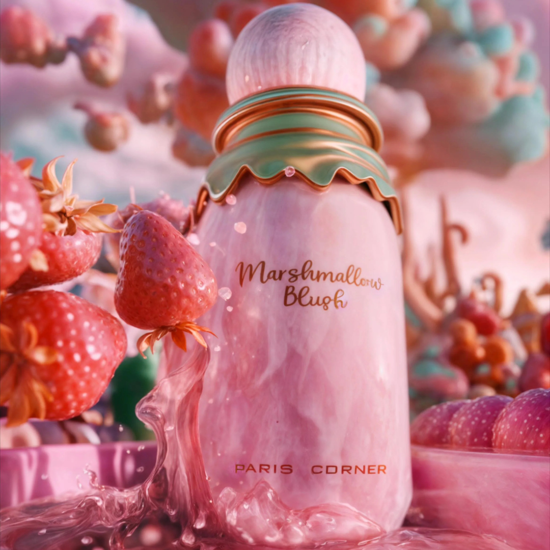 A whimsical pink perfume bottle labeled "Marshmallow Blush 100ml EDP - Paris Corner" rests in a dreamy landscape of strawberries and clouds, exuding fruity sweetness and creamy warmth with an enchanting hint of fantasy.