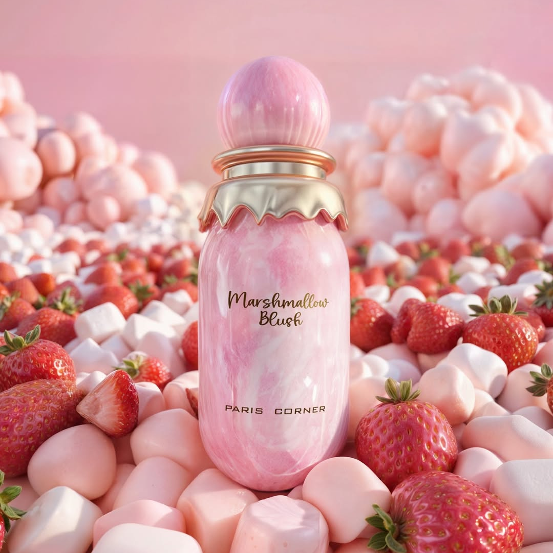 A pink glass bottle of "Marshmallow Blush 100ml EDP" by Paris Corner sits among marshmallows and fresh strawberries, exuding fruity sweetness. The soft, dreamy pink background enhances the sweet and whimsical atmosphere.