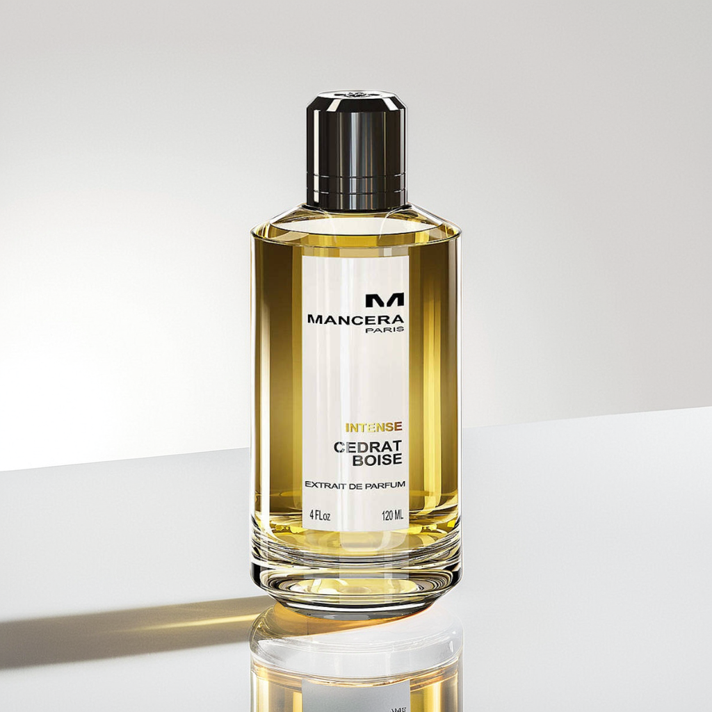 A 120ml glass bottle of Mancera Cedrat Boise Intense Extrait de Parfum, topped with a metallic cap, sits on a glossy surface. The clear label reveals product details, while the amber liquid inside suggests notes of Cambodian Oud blended with refreshing Sicilian Citruses.