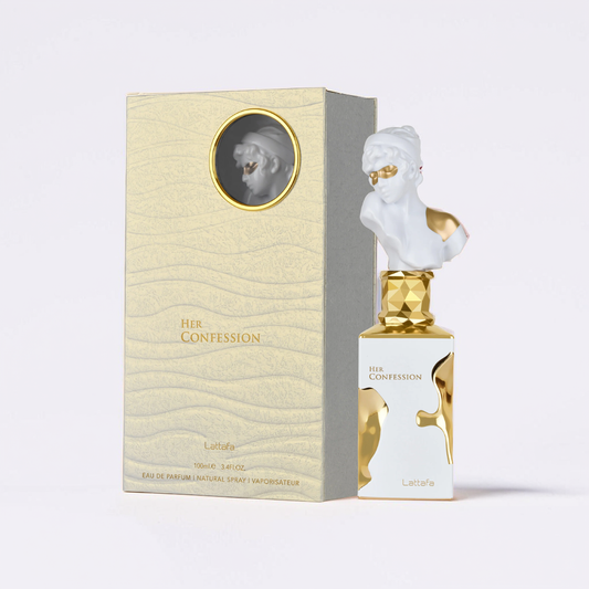 The seductive Her Confession 100ml EDP by Lattafa is presented with its iconic gold and white bust cap and a matching gold textured box, reflecting an elegant design.