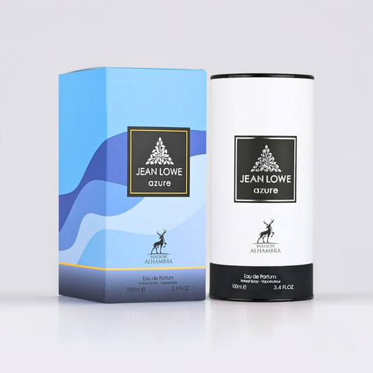 The "Jean Lowe Azure 100ml EDP" by Maison Alhambra boasts oceanic allure with blue and white packaging. Its wavy abstract design, deer silhouette, cylindrical bottle, and black and gold accents highlight its citrus fragrance.