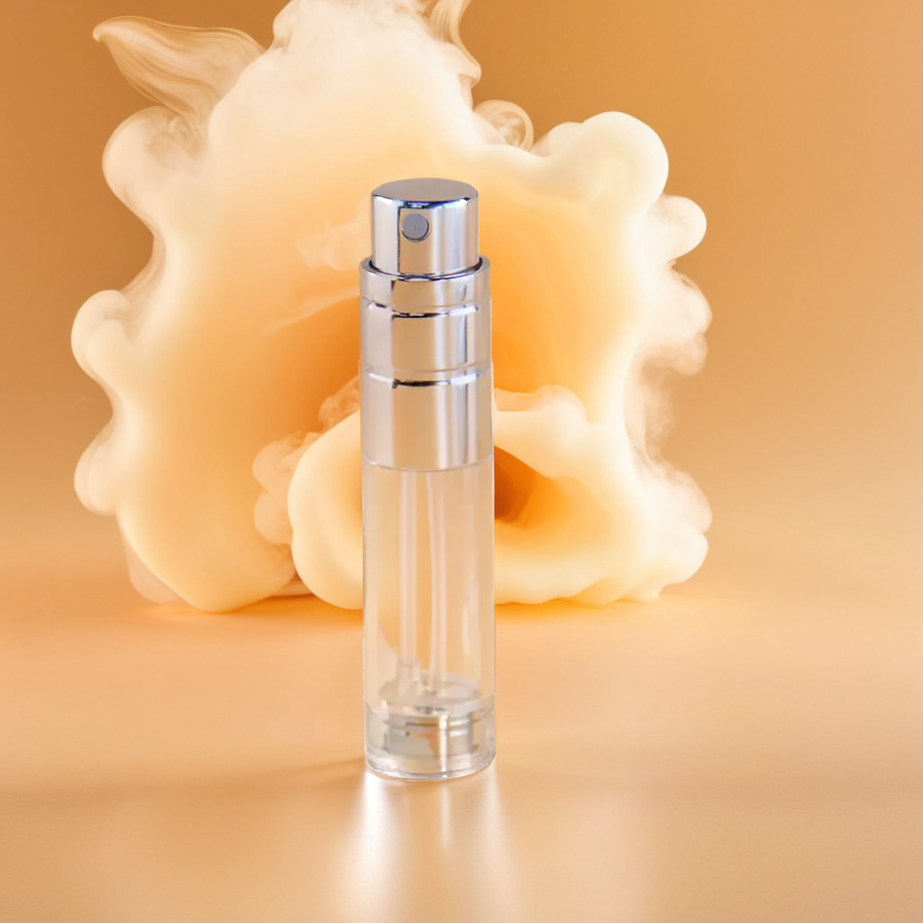 The One & Only 200ml EDP by Gissah, encased in a sleek, transparent bottle with a shiny silver cap, is set against a warm peachy background. A cloud of soft beige mist infused with Patchouli Madagascar swirls behind it, crafting an elegant and luxurious floral fruity fragrance atmosphere.