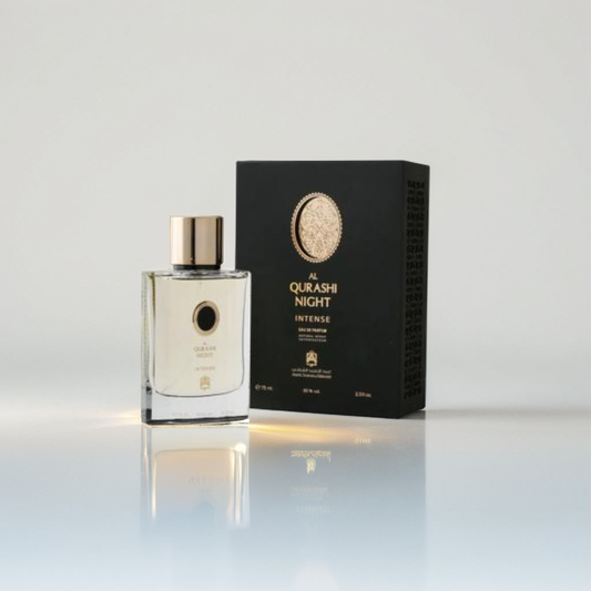 The "Al Qurashi Night Intense 75ml EDP" by Abdul Samad Al Qurashi features a clear bottle with a gold cap, standing beside a matching black box. Notes of agarwood (oud) and musk promise luxury as both items rest elegantly on a reflective surface.