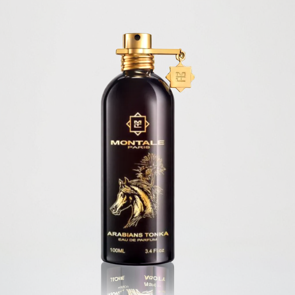 The Arabians Tonka Eau de Parfum by Montale is presented in a dark brown bottle adorned with a horse illustration. It features a gold cap and a dangling Montale emblem, with the label displaying "100ML" and "3.4 Fl Oz," encapsulating the essence of this luxurious fragrance infused with rich oud.