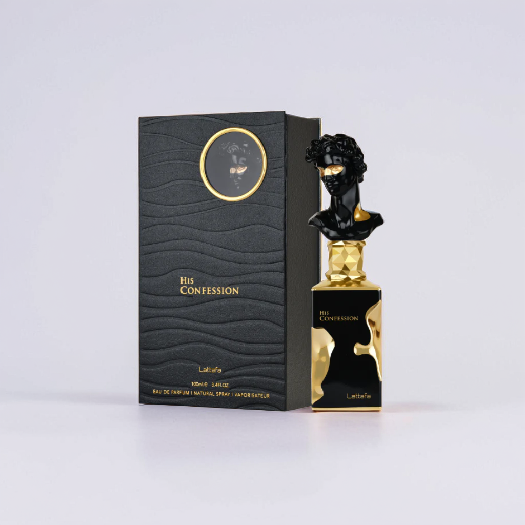 The His Confession 100ml EDP by Lattafa features a sculpted bust-shaped top in black and gold. It's paired with a textured black box displaying the same branding. Set against a neutral backdrop, this elegant perfume highlights its luxurious design and captivating fragrance.