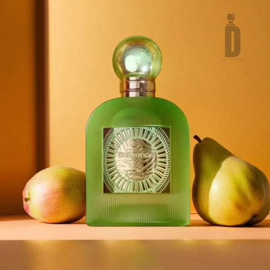 A green glass perfume bottle labeled "Pear Potion 100ml EDP - Paris Corner" with an ornate front design is showcased against a warm amber background. The bottle, emanating a fresh fruity aroma, features a round cap and is accompanied by two pears. The scene exudes luxury and invites a sense of indulgence.