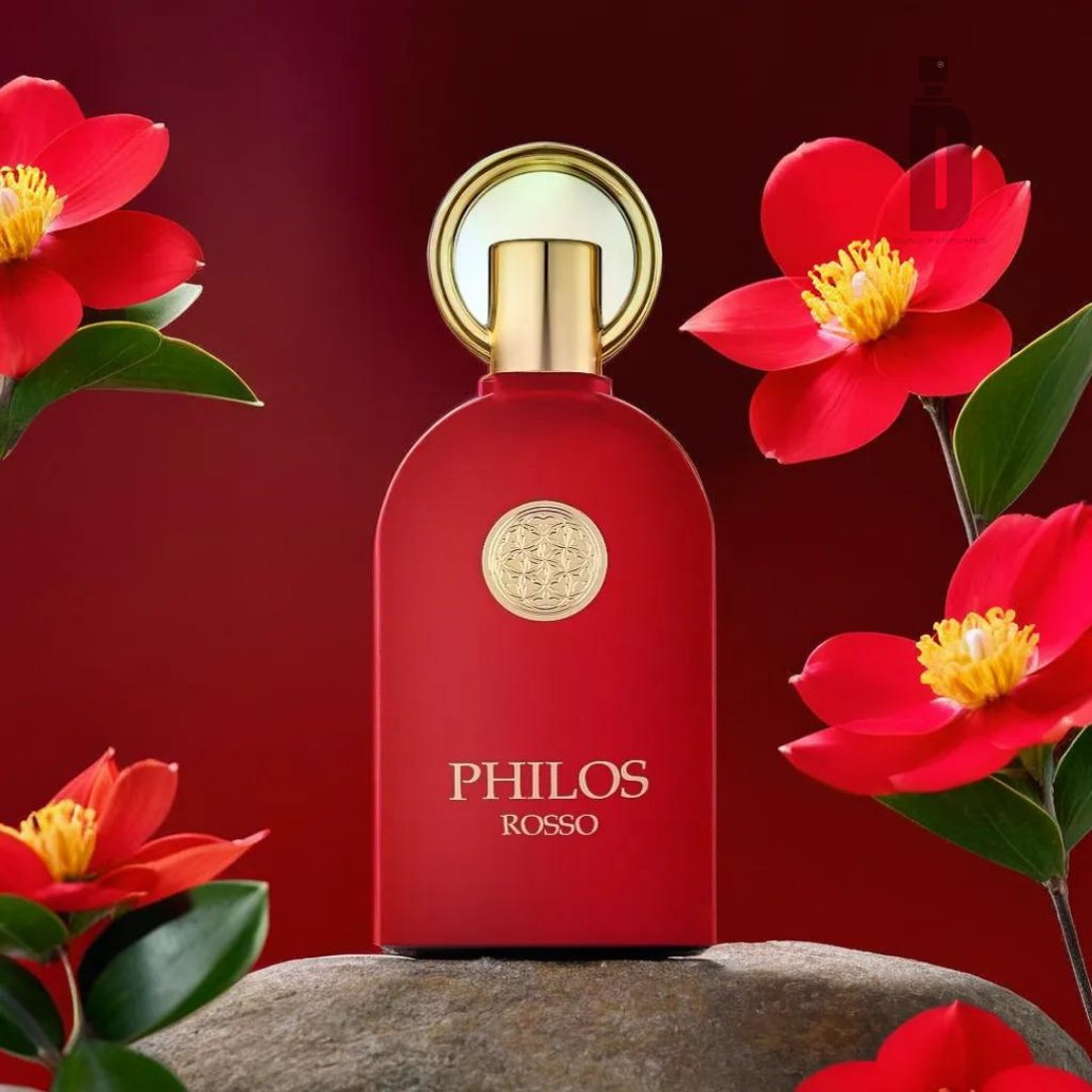 A red bottle of Philos Rosso 100ml EDP - Maison Alhambra by Maison Al Hambra, adorned with a gold cap, is set against a harmonizing red background and encircled by vivid red flowers. A gold emblem graces the center of the bottle, which rests on a grey stone, epitomizing sophisticated elegance and an enchanting aroma.